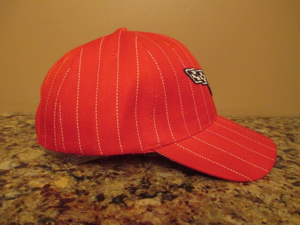 Red w/ White Pinstripes CORVETTE Hook & Loop Strap Baseball Hat - NWOT