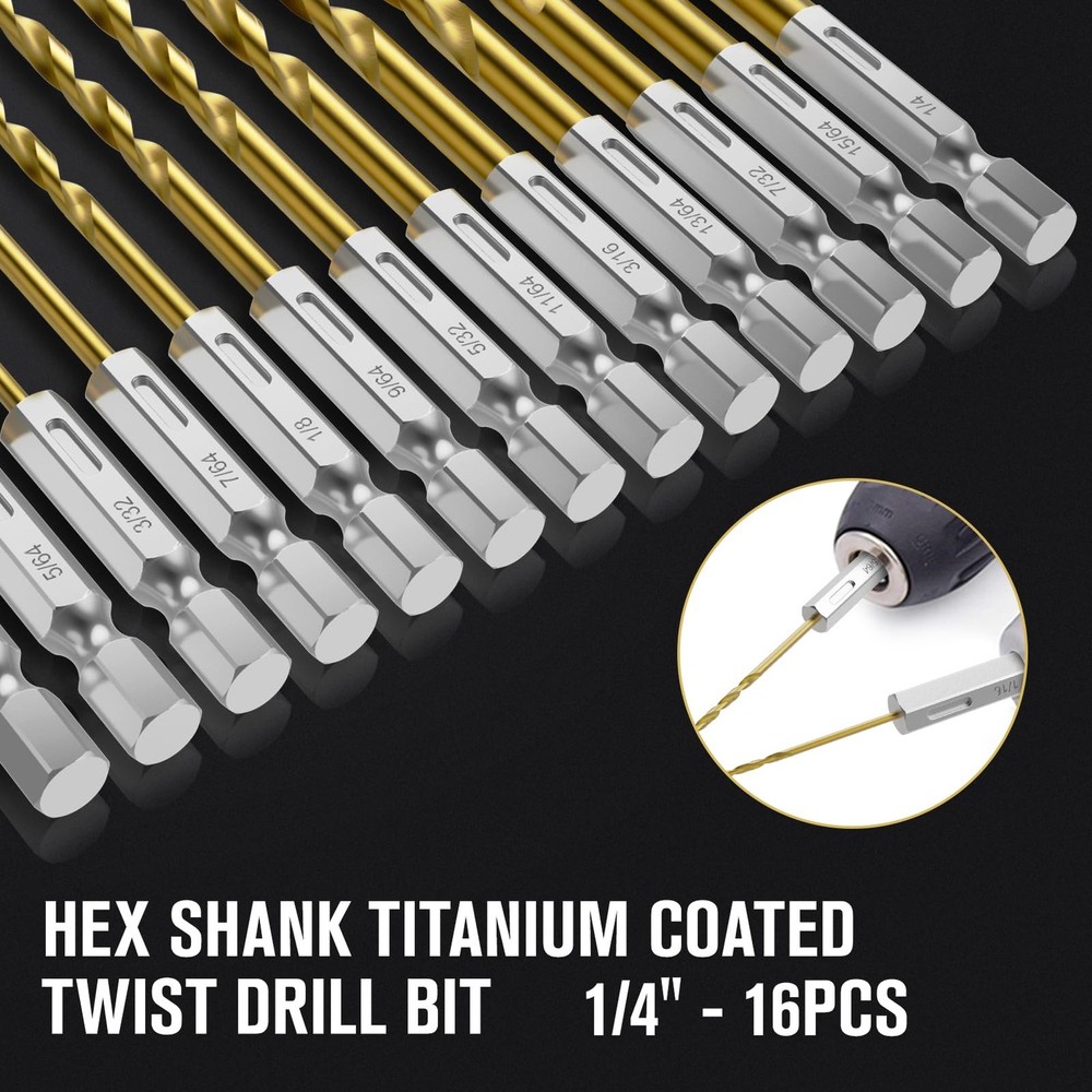 MACXCOIP Hex Shank Drill Bit Set, 16Pcs 1/4“ HSS Titanium Twist Bit...