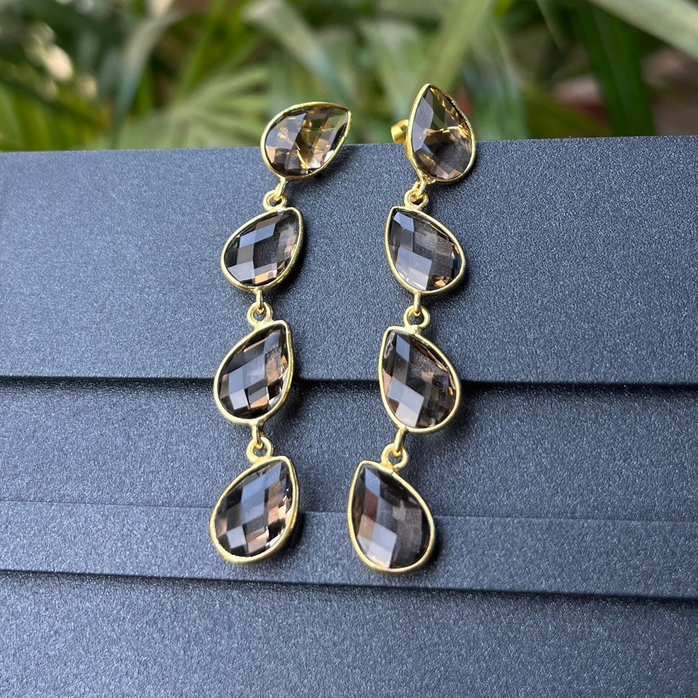 Precious Smoky Quartz Gold Plated Bezel Setting Statement Earring Dangle Earring