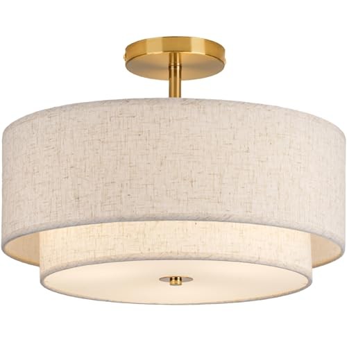16" Double Drum 3-Light Semi Flush Mount Ceiling Light, Classic Fabric Gold