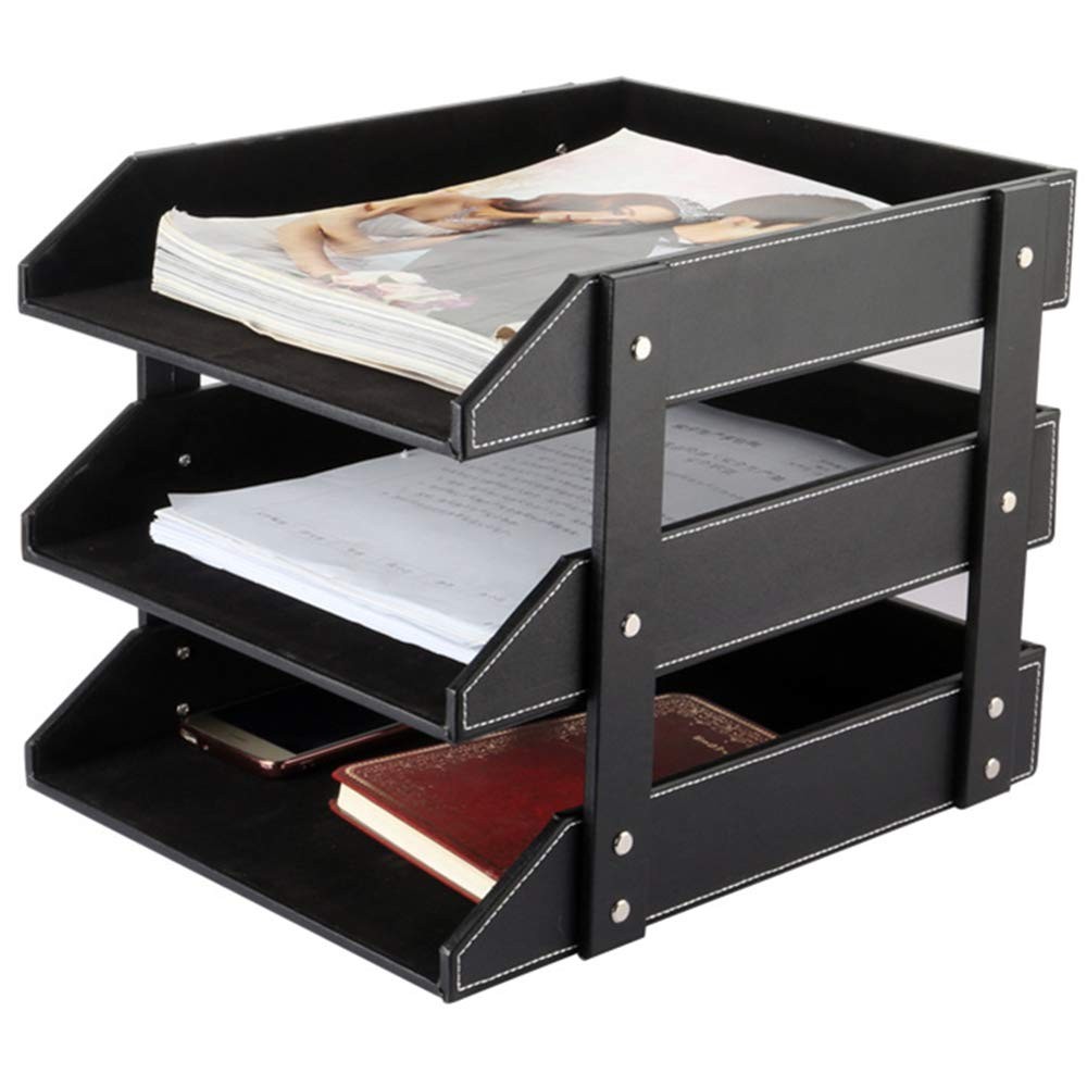 Leather Desk File Organizer, 3-Layer Stackable Tray, Used to documents, folde...
