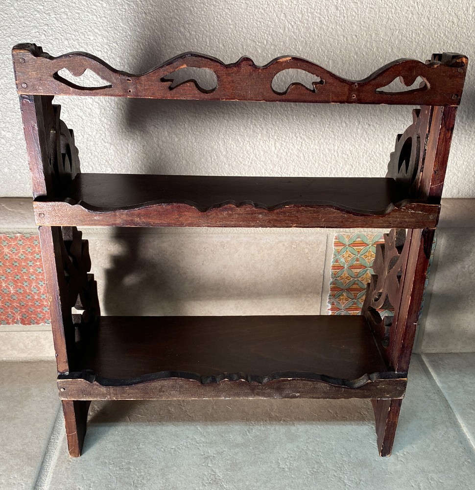Antique Victorian brown decorative Scrollwork folding small Display Rack shelf