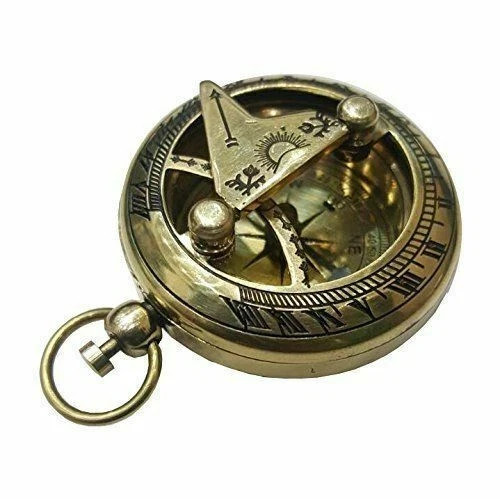 Solid Brass Camping Hiking Pocket Compass Push Button Pocket Sundial
