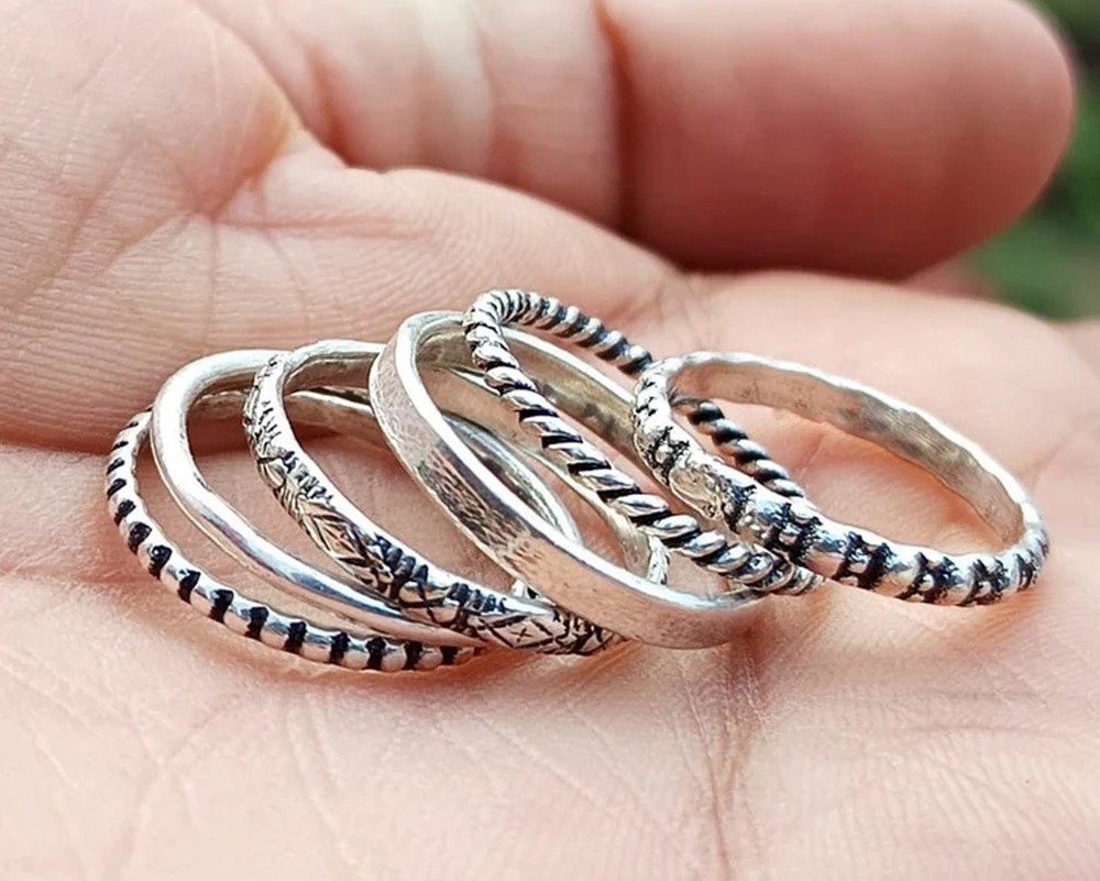 Solid 925 Sterling Silver Set 6pc Textured Knuckle Boho Stacking Band Women Ring