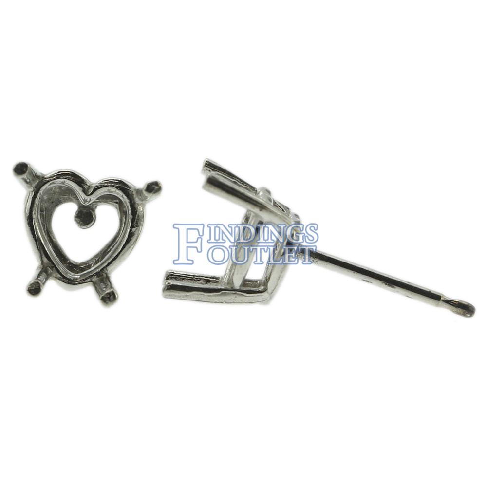 14k White Gold Heart Shape Stud Earring Mounting Setting Push Back Post 4 Prong