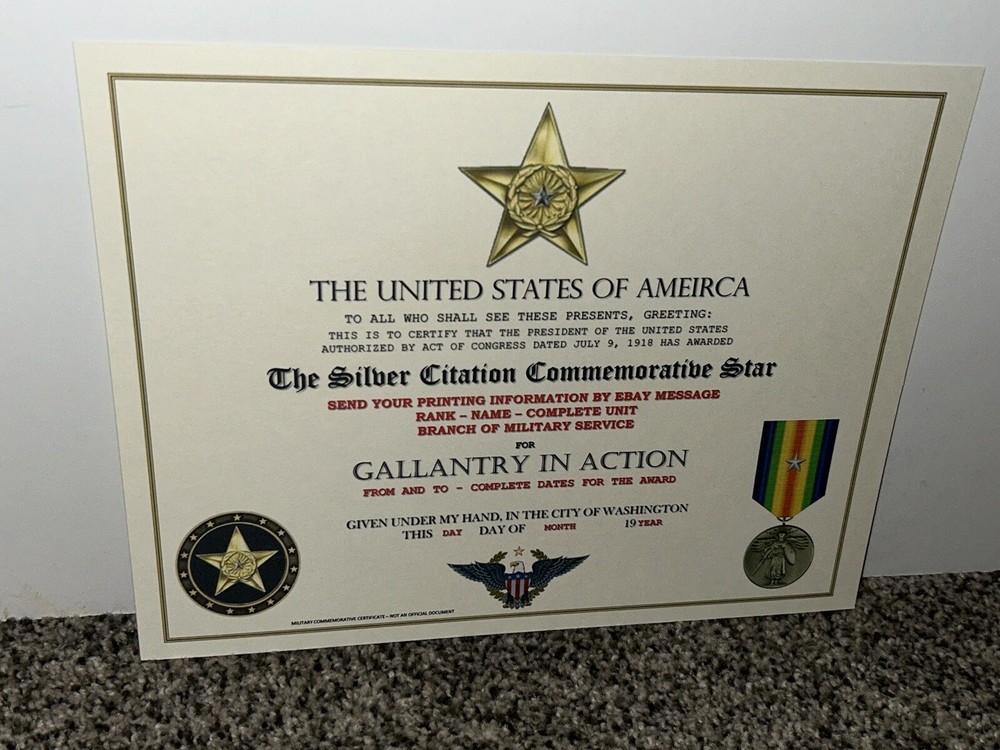 WW1 - SILVER CITATION COMMEMORATIVE CERTIFICATE ~ CUSTOM PRINTING T-1