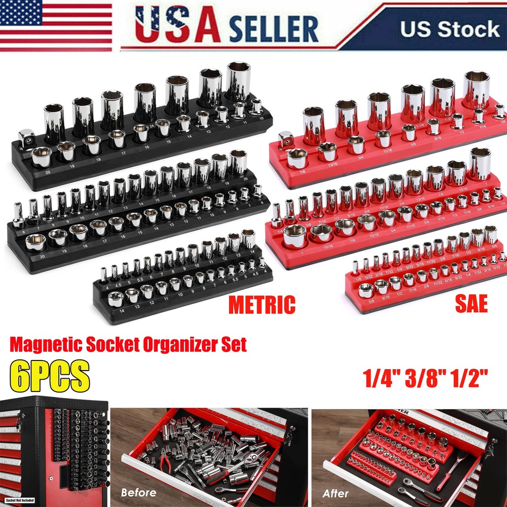 Magnetic Socket Organizer Set 6pc Socket Holder Set  1/4"3/8"1/2"DR METRIC & SAE