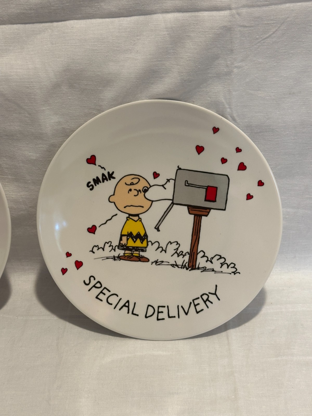Pottery Barn Kids Peanuts Snoopy Valentines Set of 2- 9" Melamine Plates NEW