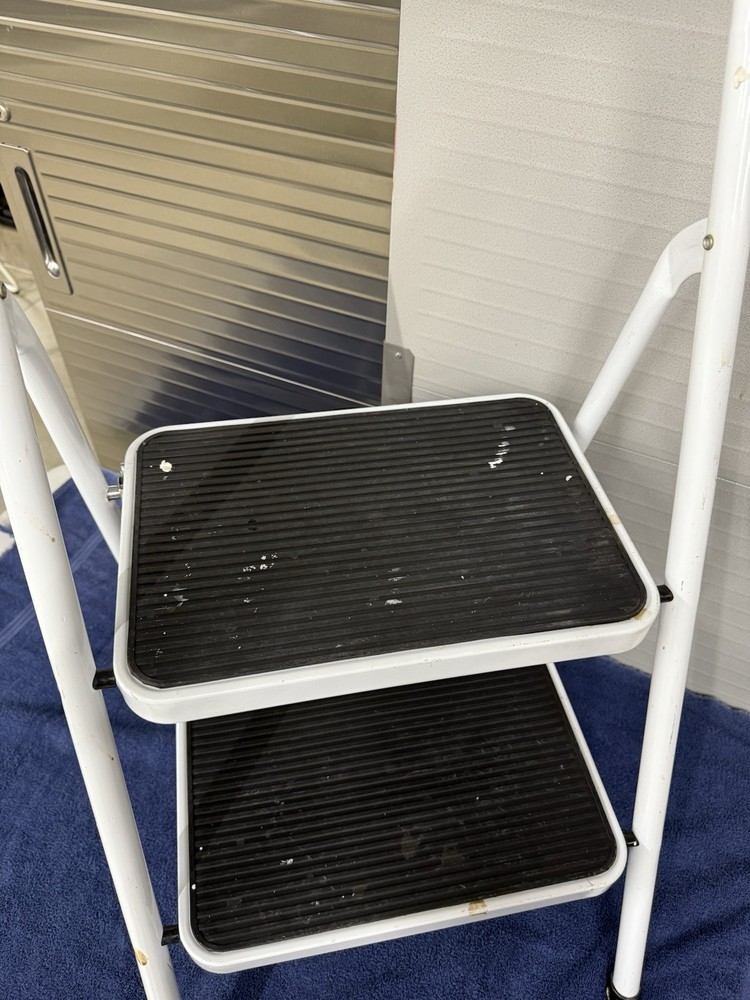 (Cosco Style) White Step Stool 2 Step Folding Stool White Folds Flat Thin 2.5”
