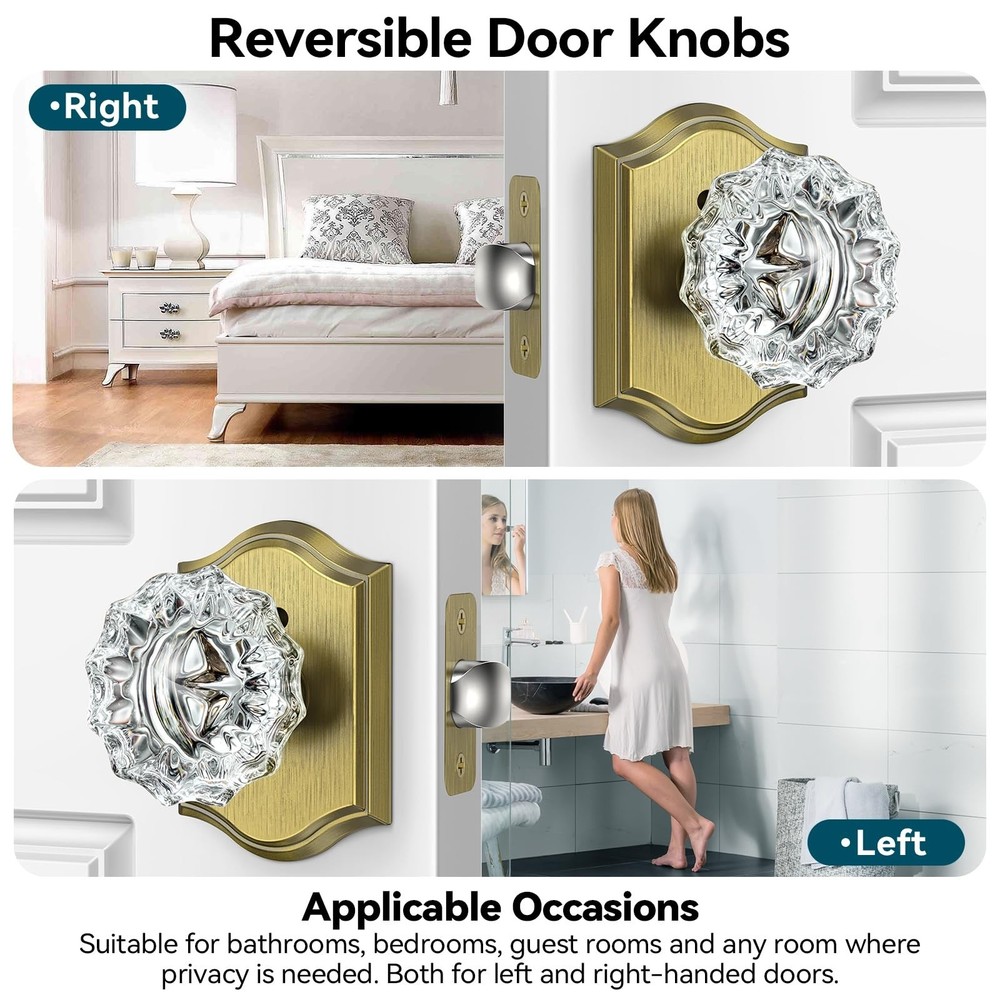 3 Pack Glass Crystal Door Knobs Interior, Antique Brass Crystal Door Knobs wi...