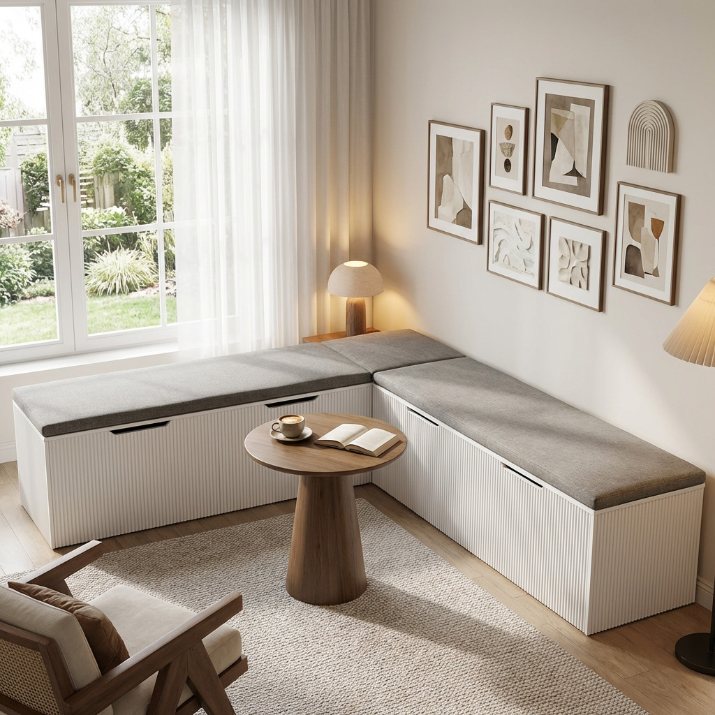 L-Shaped Storage Bench, Kitchen Breakfast Nook with Cushion & Hidden Storage