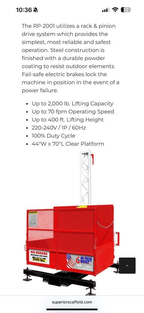 Hi-Tech RP-2001 Construction Hoist Elevator Material Lift - NICE!!!