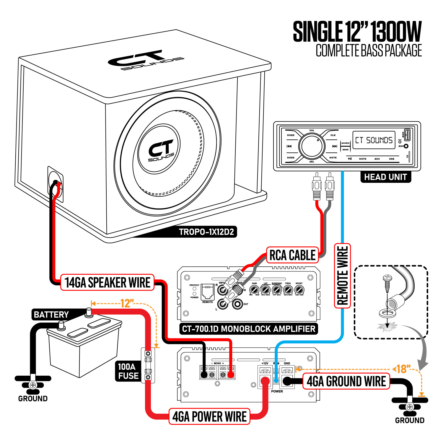 CT Sounds Single 12” 1300W Complete Bass Package with Loaded Sub Box and Amp