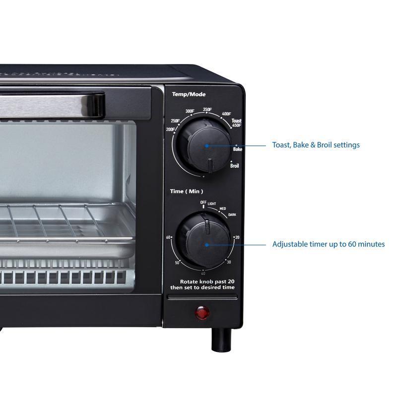 4 Slice Toaster Oven W/ Adjustable Timer Bake Rack & Pan Easy Clean Design New