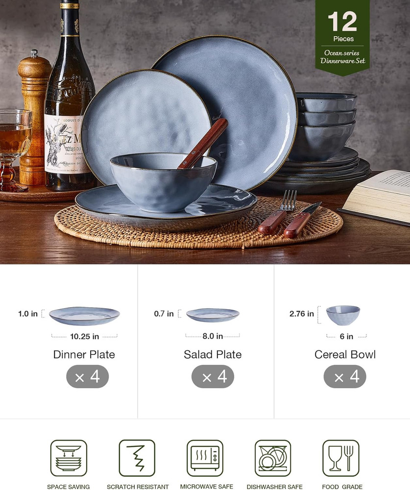 Dinnerware Sets for 4, Ocean round 12-Piece Kitchen Plates and Bowls Sets, React