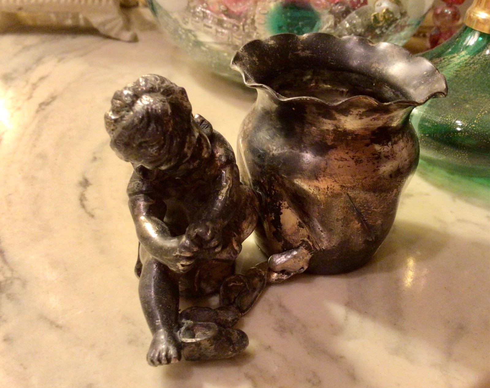 Antique DERBY SILVER Co Quadruple Plate Figural Cherub Toothpick/Match Holder