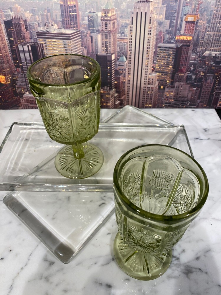 2 Paneled LG Wright Thistle Goblets Olive Green - See Pics