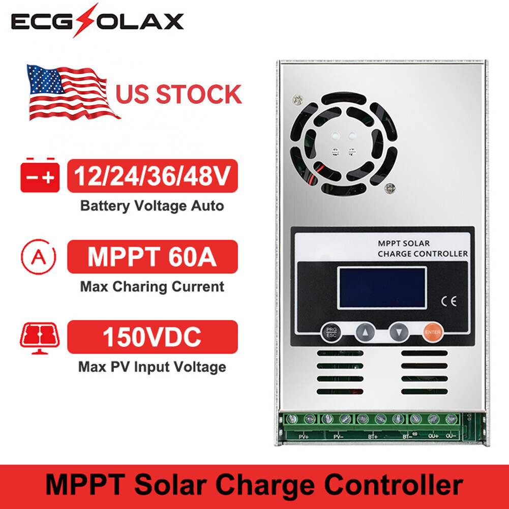 US 60AMP MPPT Charge Controller 12V 24V 36V 48V Auto MAX 150V 2880W Input LCD