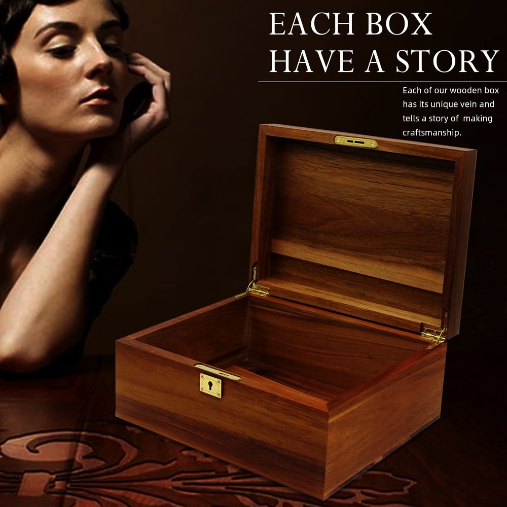 Wooden Storage Box with Hinged Lid and Locking Key Large Premium Solid Acacia...