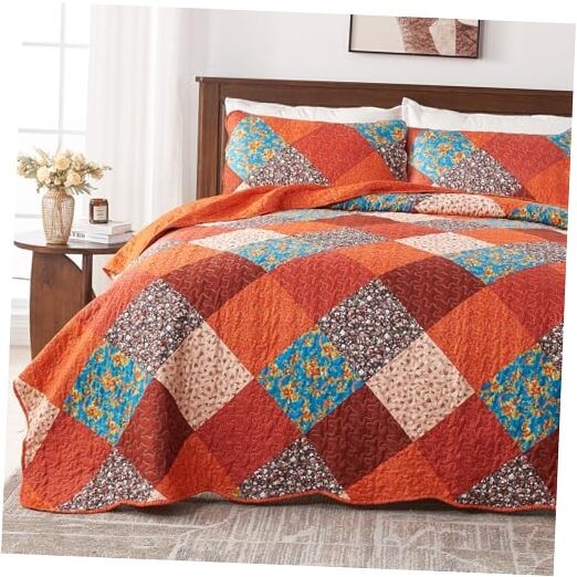 Quilt Bedding Set, 3 Piece Multicolour Patchwork Print Bedspreads Queen Orange