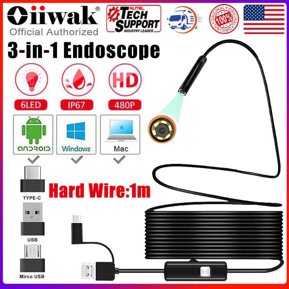3in1 Endoscope 7mm 3.3ft Borescope Waterproof Snake Inspection Hard Wire Camera