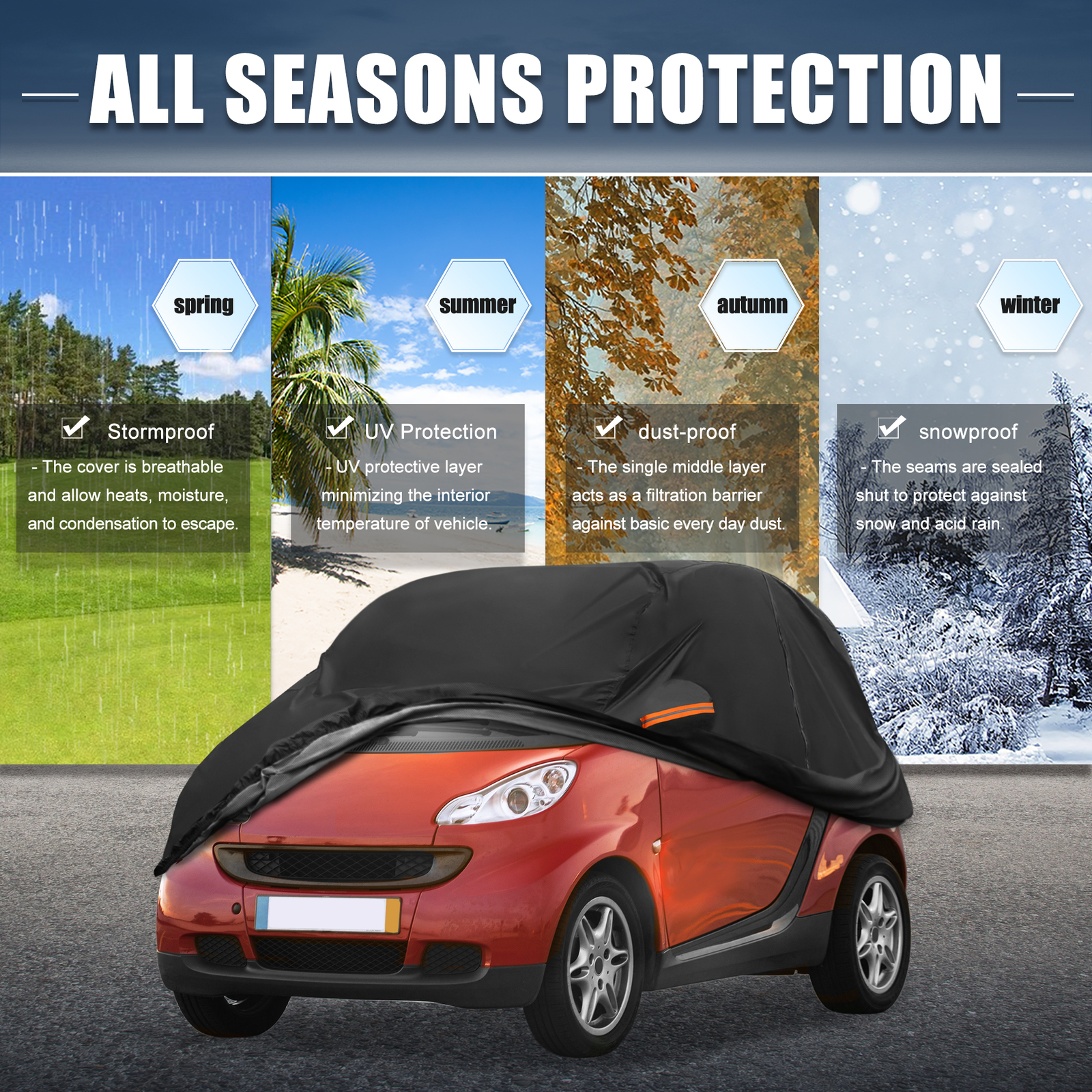 Waterproof 210D-PU Oxford Car Cover for Smart Fortwo 07-23 with Zipper Black