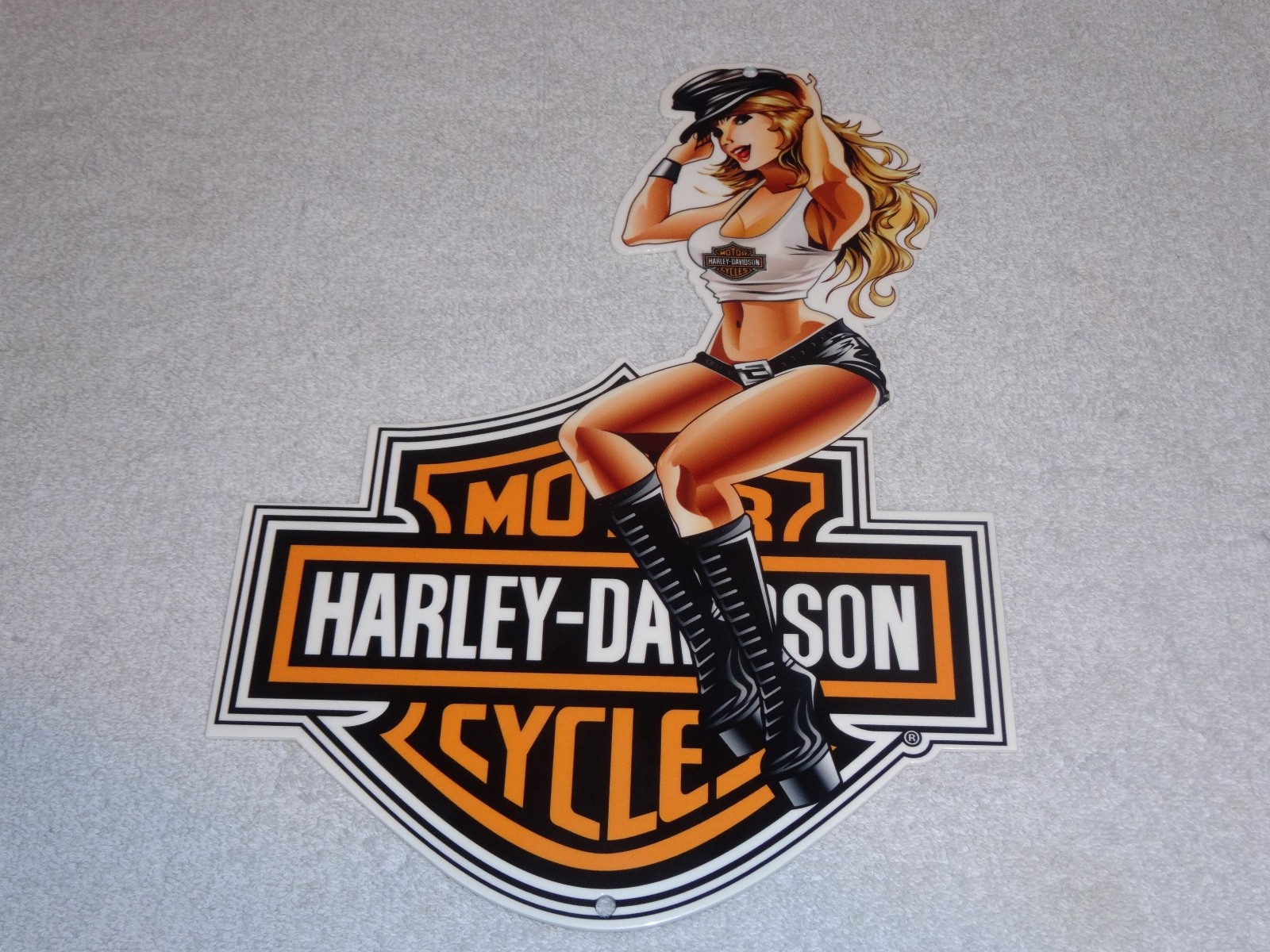 VINTAGE HARLEY DAVIDSON MOTORCYCLE WOMAN 👩 12" MOTOR CYCLE GASOLINE & OIL SIGN