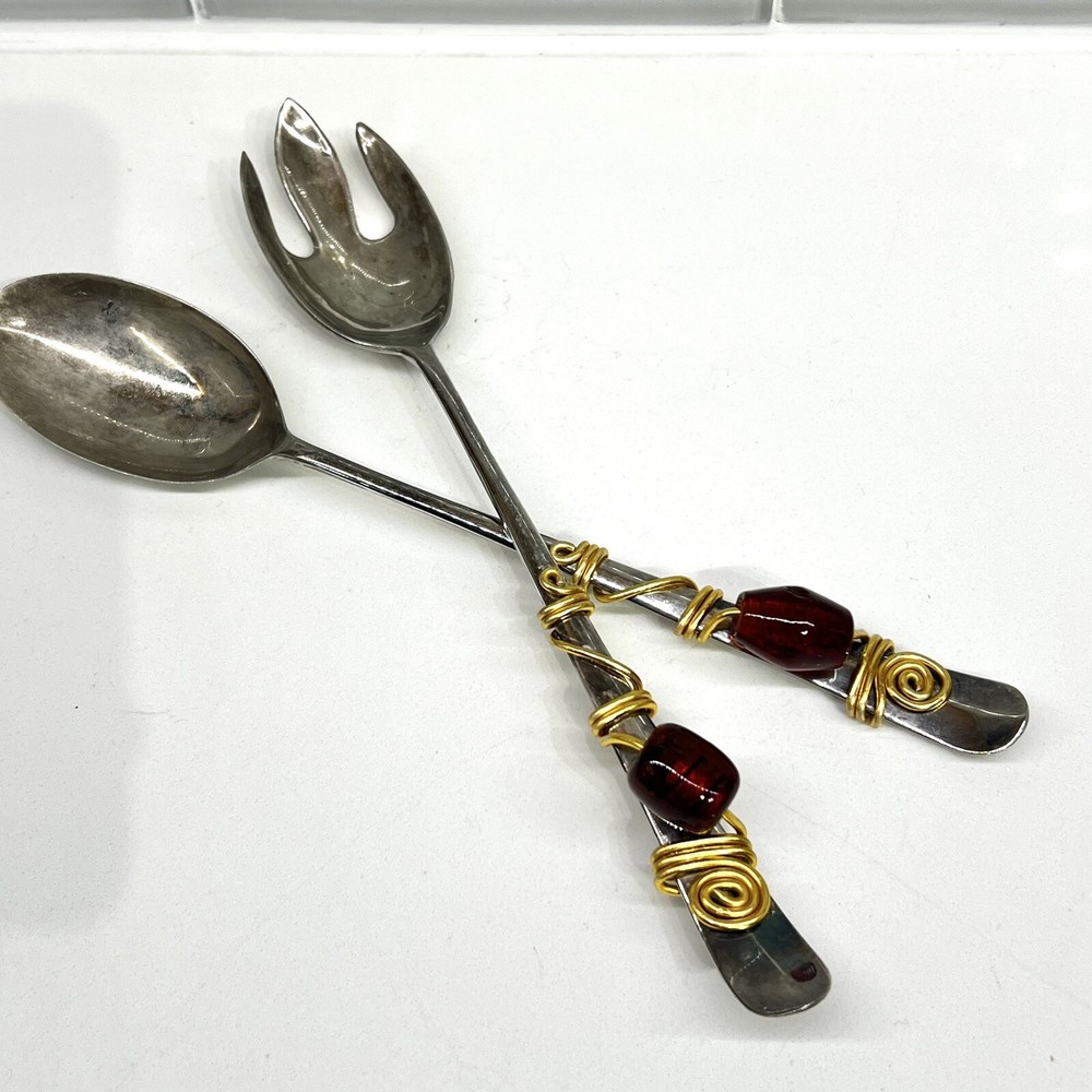 Decorative Serving Spoon & Fork Silver Plated w/ Wire Wrapped Stone Vintage