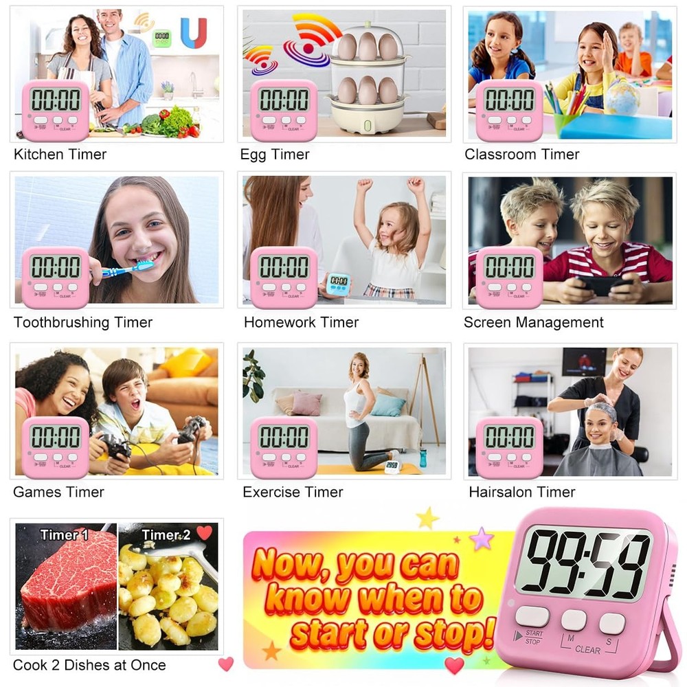 Antonki 2 Pack Digital Timer for Kids, Magnetic Countdown Kitchen Timers for ...