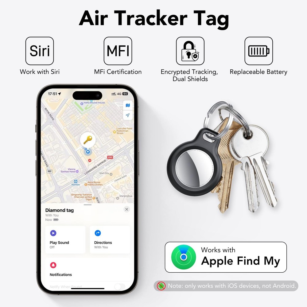 Air Tracker Tags-4 Pack Black | Bluetooth Tracker Work with Apple Find My (iO...