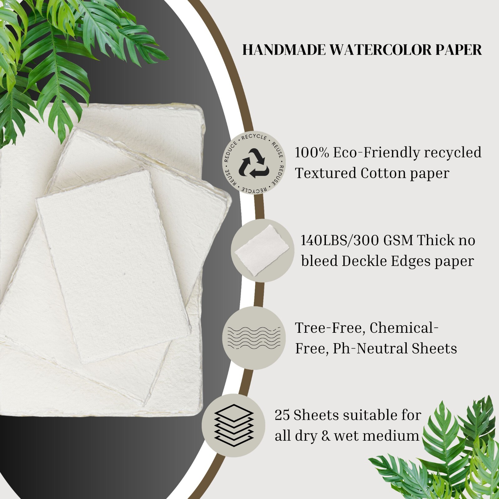 140lbs/300GSM Handmade Virgin Cotton Deckle Edges Watercolor Paper Pad 25 Sheets