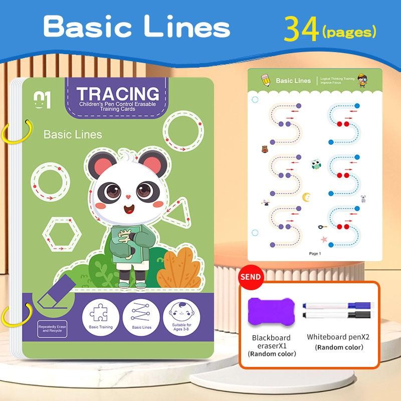 Children Reusable Workbook Set Tracing Writing Drawing Pen Control Educational