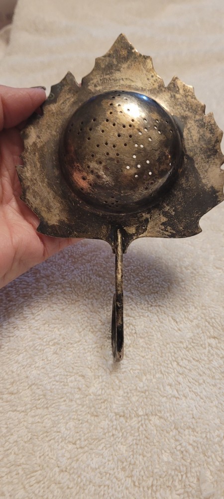 Vintage Silverplate Leaf Shaped Tea Strainer Maple Leaf Engraved Curved Handle