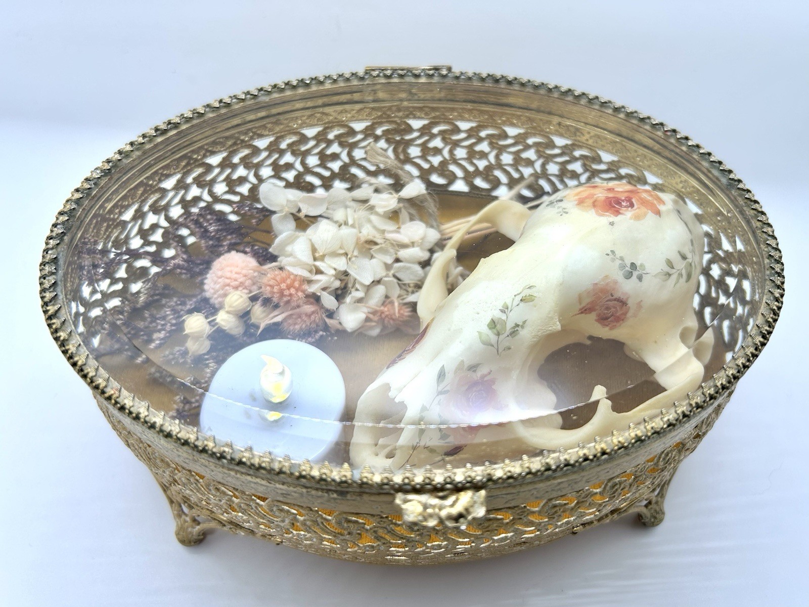 Embellished floral Raccoon Skull Vintage Ormolu/Casket Jewelry Box Dried Flowers