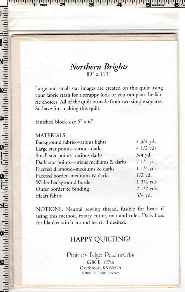"Northern Brights" ©2000 Prairie's Edge Patchworks Quilt Pattern/Inst Pack 00621