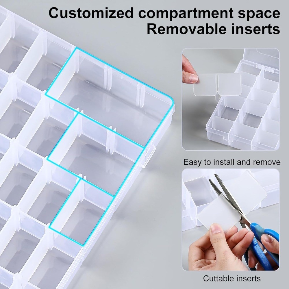 Clear Plastic Organizer Box with Adjustable Dividers, 36 Grids 2 Pack, Small