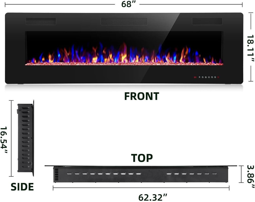 Electric Fireplace, Recessed and Wall Mounted , Remote , Timer, Adjustable Flame