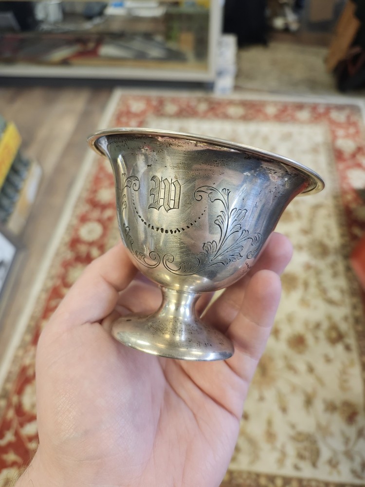 Antique Sterling Silver Monogrammed Cup w/Vine And Leaf Etching