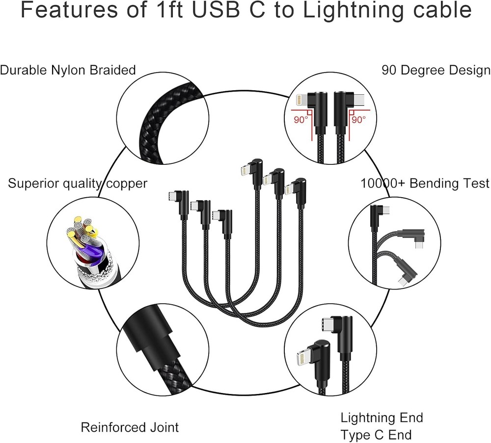 USB C to Lightning Cable 1ft 3 Pack MFi Certified Right Angle iPhone Black