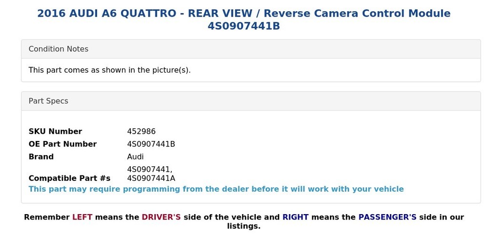 2016 AUDI A6 QUATTRO - REAR VIEW / Reverse Camera Control Module 4S0907441B