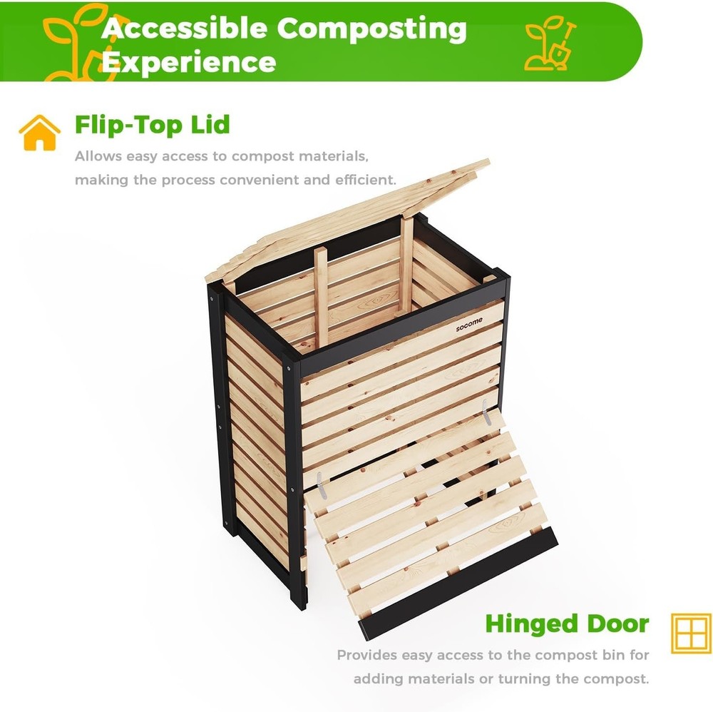 95 Gallon Solid Wood Composter Outdoor Compost Bin W/ Pull-Out Door Large