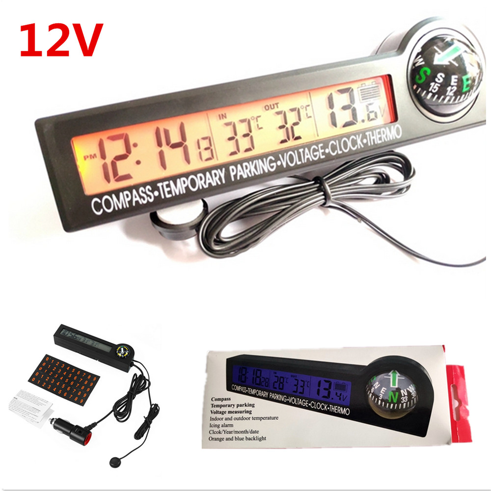 Car Digital Compass Clock Thermometer Voltage Meter Voltmeter Temporary Parking