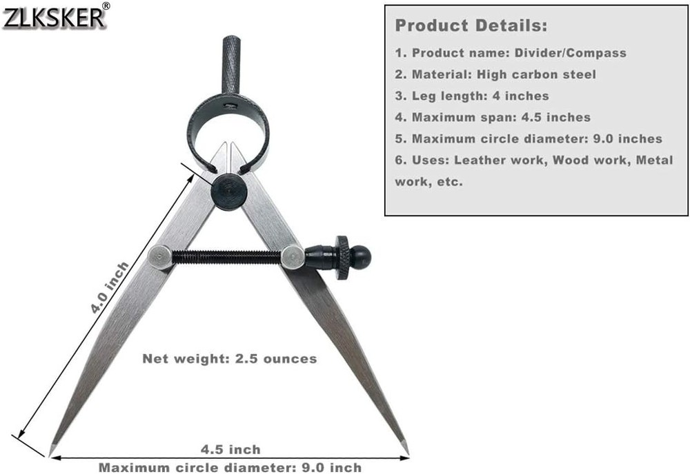 4 Inch Professional Leather Compass, Precision Spring Wing Divider/Scriber, M...