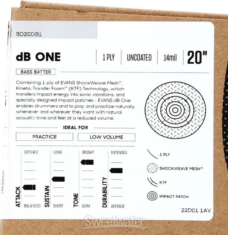 Evans dB One Low Volume Bass Drumhead - 20-inch