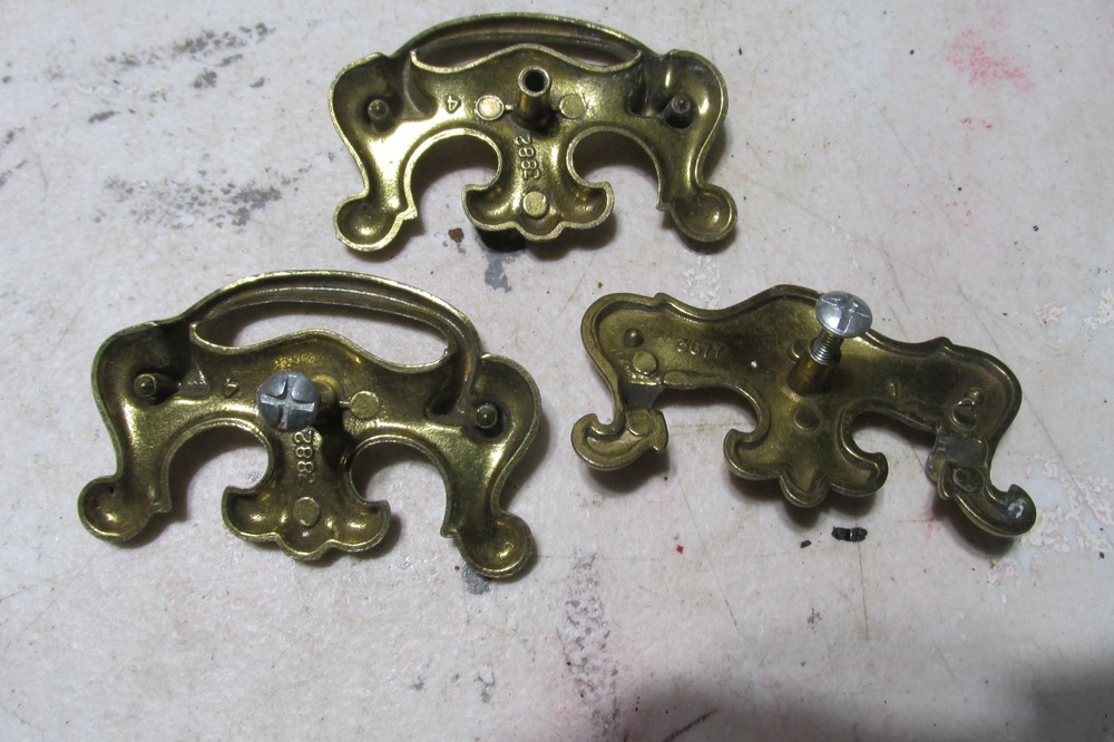 3-antique drawer pulls solid brass fancy 3" wide 2" long single screw