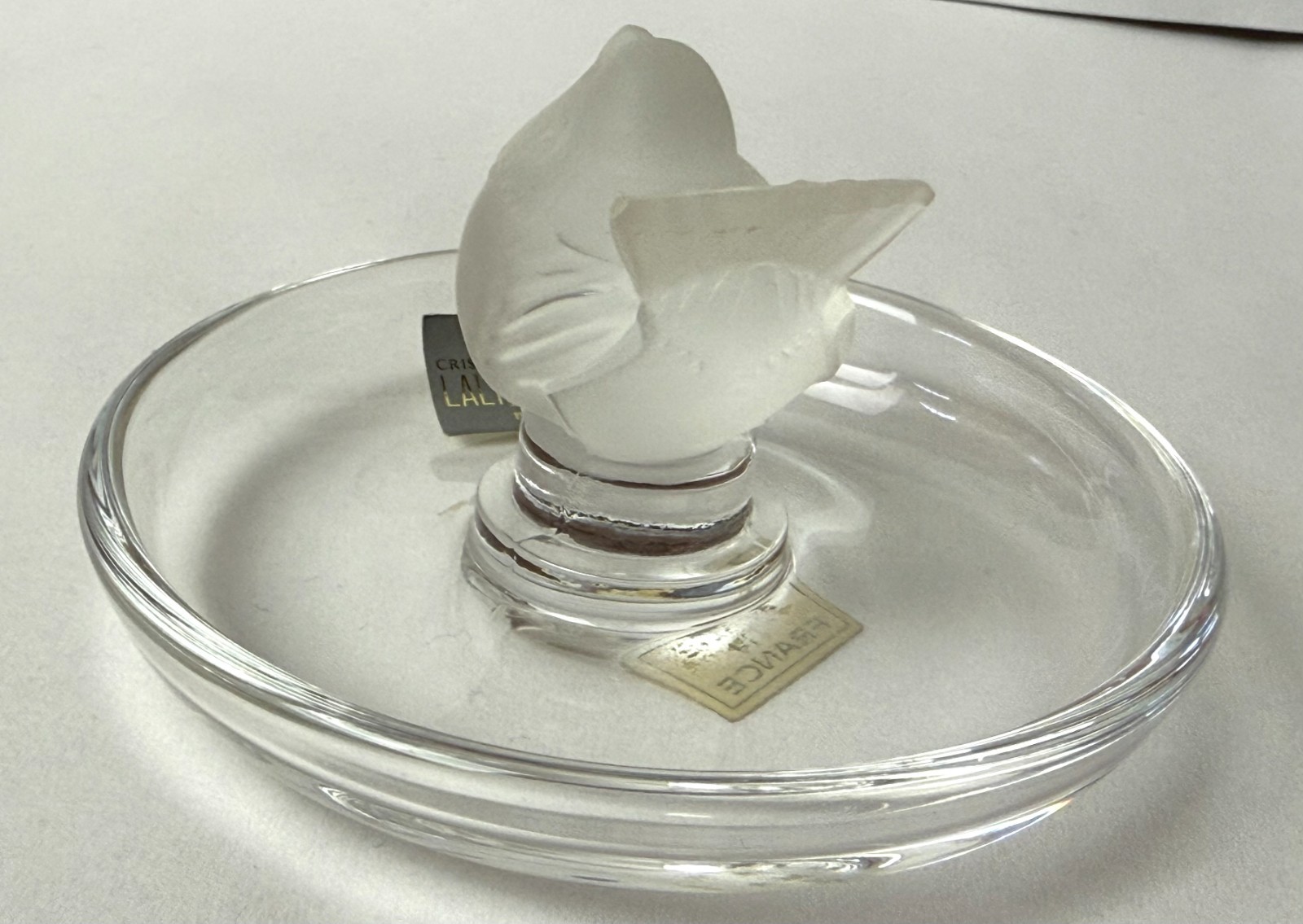 Lalique Pinson Finch 1970s Art Glass Ring Dish Clear & Frosted Crystal 2” Tall