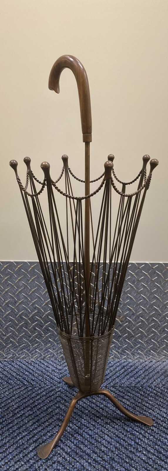 MCM Umbrella Shaped Stand Canes Umbrellas Copper Wire Wood handle 32” X 11.5”