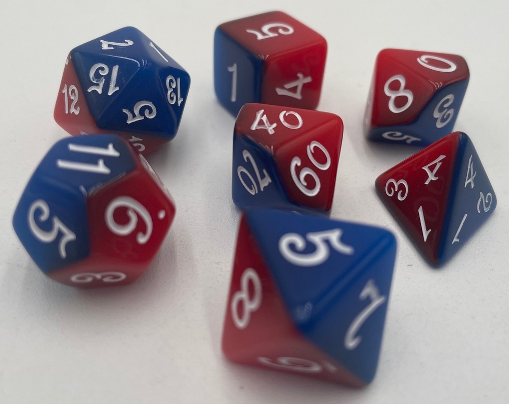 TEG - 7 Blue & Red w/ White Split Polyhedral Dice New Polyhedral Dice Sets