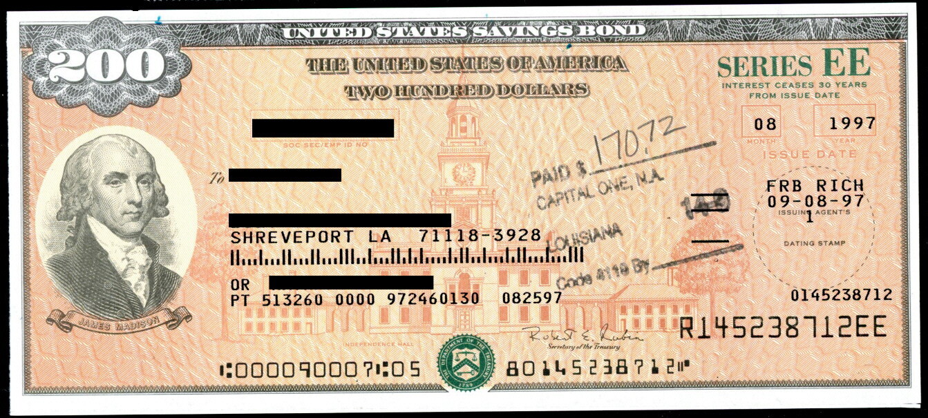 UNITED STATES $200 NICE VIGNETTE OF JAMES MADISON SAVINGS BOND - CANCELLED!