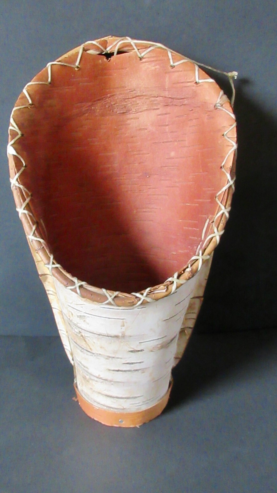 Cree Birch Bark Wall basket/pocket w/faux sinew rim wrap & hanger & twig rim